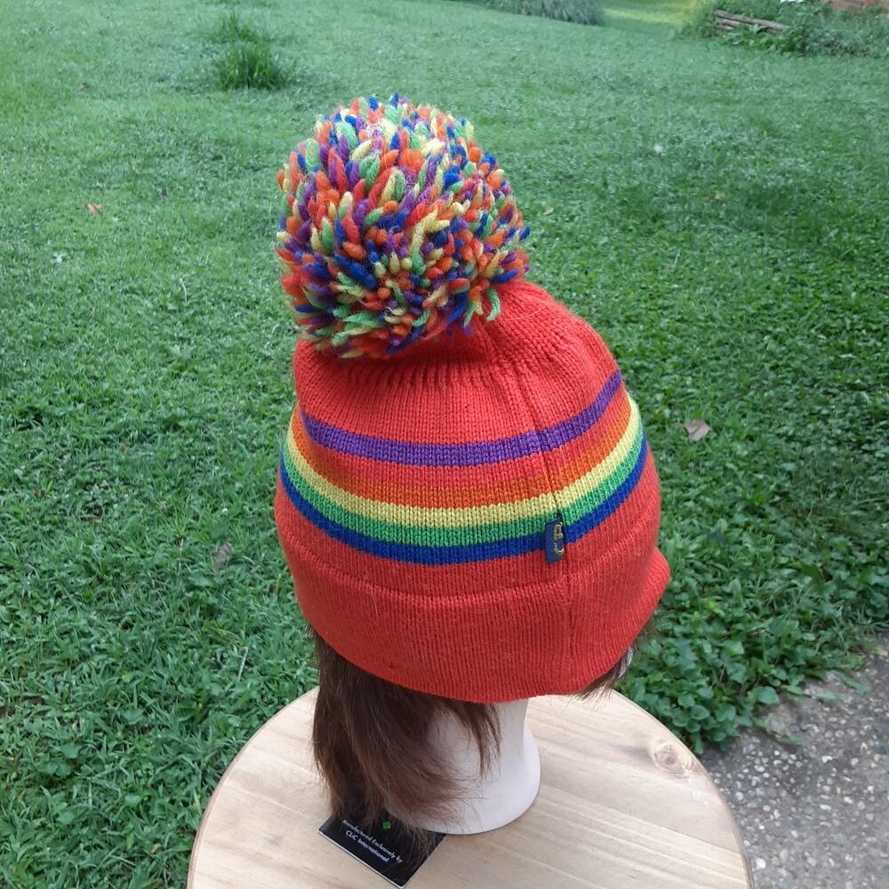 CB Pom Pom Knit Toboggan Stripes Orange/Vibrant Colors Distressed small